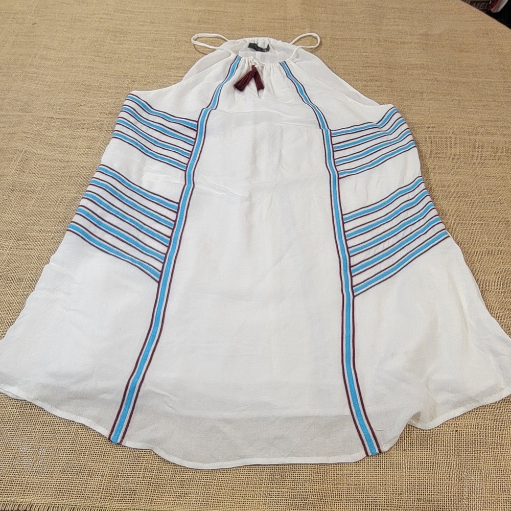 THML Anthropologie Sundress Boho Festival White Blue Striped Tassels Size Large‎